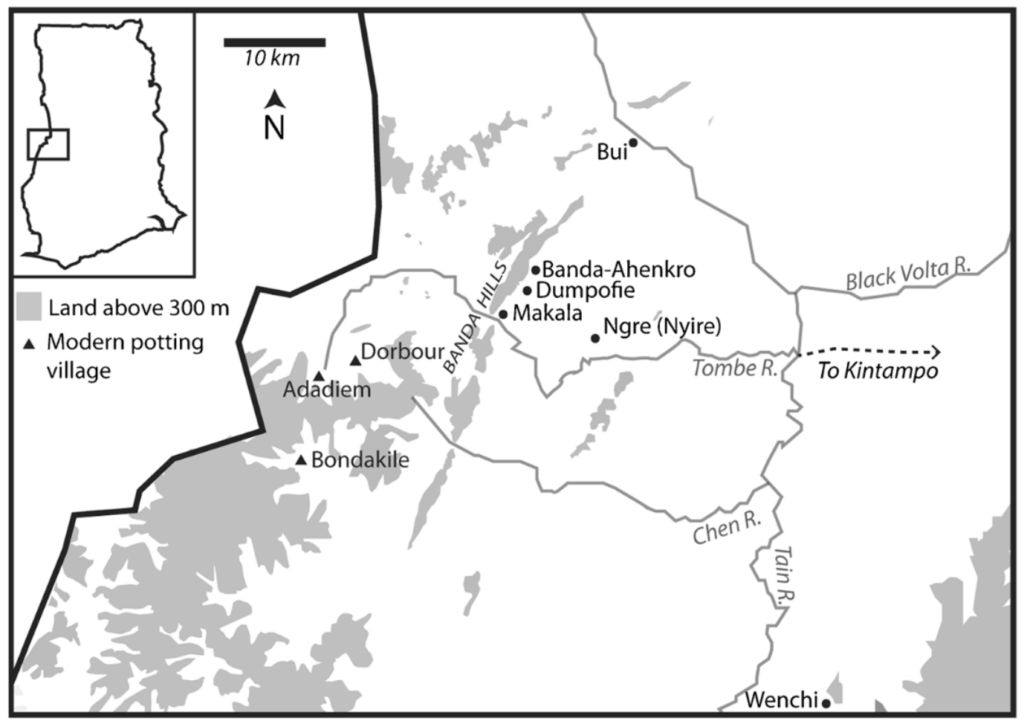 Map of Banda, Ghana, and surrounding villages that were used as the focus of Logan and Cruz’s ethnographic study in Gendered Taskscapes.